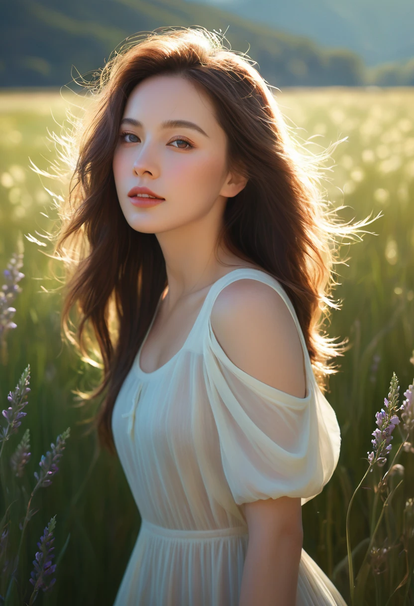 1girl,,Canon DIGITAL IXUS 700,sitting on the sloping grass,a gentle breeze blows up the hair,a concise and clean image,Full shot,a blue sky floating with clouds,horizon,miyazaki hiyori,fisheye,arm support,selfie,