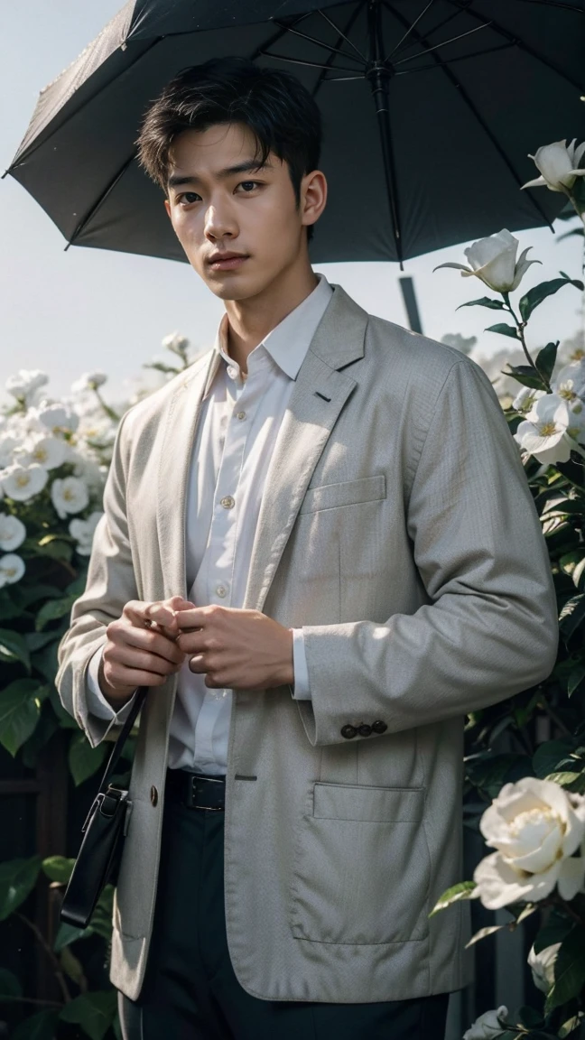 Handsome Chinese young man makes him even more handsome、Fascinating images show very manly and handsome men from China, 32 years old、 He is standing with an umbrella on a slope where gardenia flowers are blooming in the heavy rain., He is holding the handle of an umbrella in his right hand and gazing into the distance.、He is not wearing pants and his erect penis is fully exposed and is being held in his left hand.、Attention to detail, This realistic portrait embodies the National Geographic style., Capture every nuance of skin texture with 8K resolution. His features stand out with pure clarity, From deep-set eyes to a chiseled jawline, Make this image a true masterpiece. life, Highest quality, 8K Ultra HD+, Leica digital SLR camera