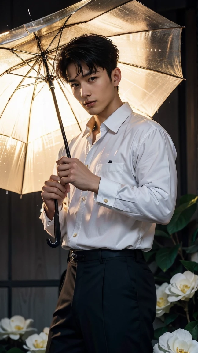 Handsome Chinese young man makes him even more handsome、Fascinating images show very manly and handsome men from China, 32 years old、 He is standing with an umbrella on a slope where gardenia flowers are blooming in the heavy rain., He is holding the handle of an umbrella in his right hand and gazing into the distance.、He is not wearing pants and his erect penis is fully exposed and is being held in his left hand.、Attention to detail, This realistic portrait embodies the National Geographic style., Capture every nuance of skin texture with 8K resolution. His features stand out with pure clarity, From deep-set eyes to a chiseled jawline, Make this image a true masterpiece. life, Highest quality, 8K Ultra HD+, Leica digital SLR camera