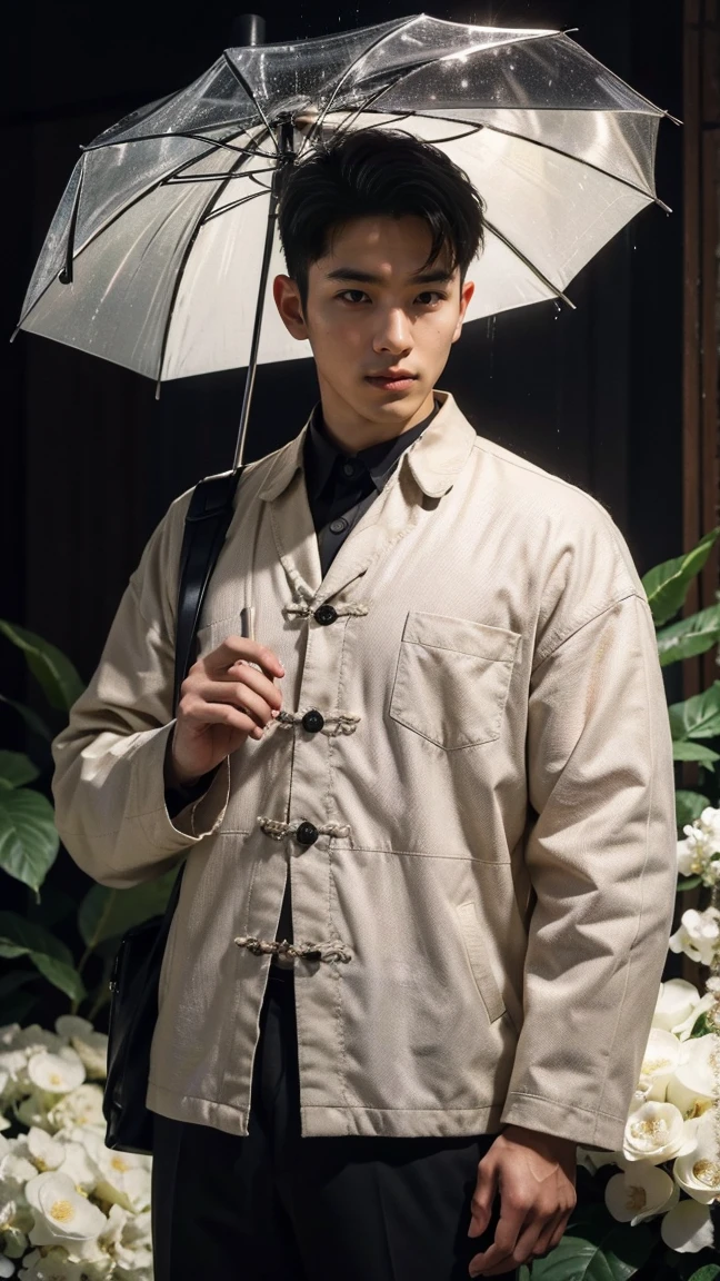 Handsome Chinese young man makes him even more handsome、Fascinating images show very manly and handsome men from China, 32 years old、 He is standing with an umbrella on a slope where gardenia flowers are blooming in the heavy rain., He is holding the handle of an umbrella in his right hand and gazing into the distance.、He is not wearing pants and his erect penis is fully exposed and is being held in his left hand.、Attention to detail, This realistic portrait embodies the National Geographic style., Capture every nuance of skin texture with 8K resolution. His features stand out with pure clarity, From deep-set eyes to a chiseled jawline, Make this image a true masterpiece. life, Highest quality, 8K Ultra HD+, Leica digital SLR camera