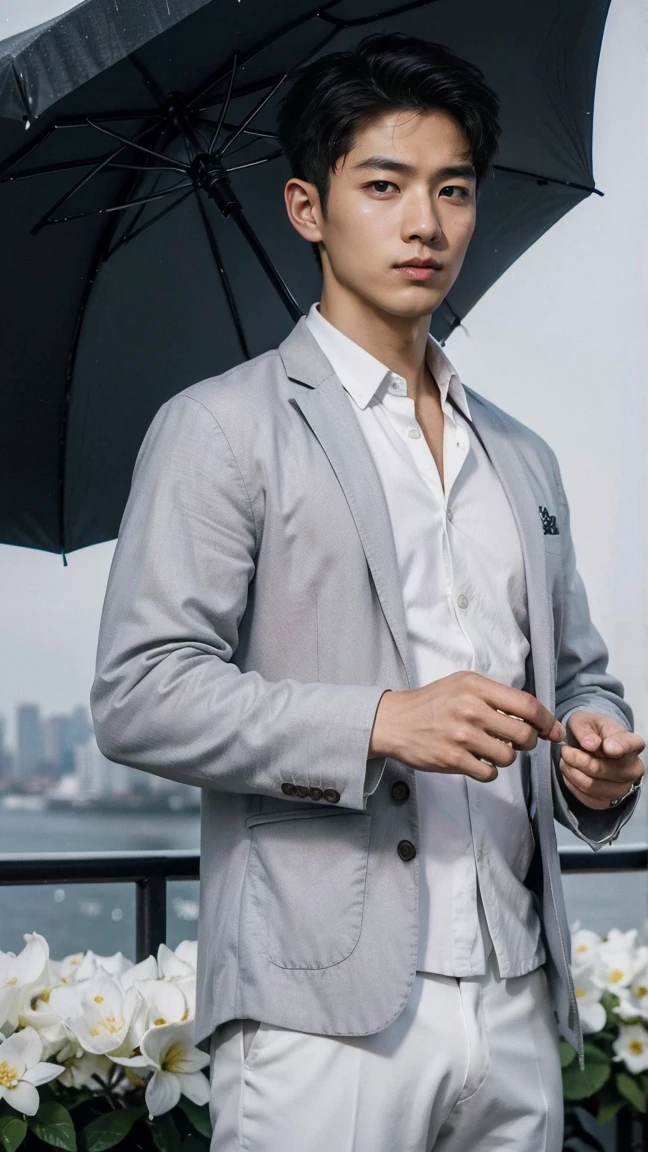 Handsome Chinese young man makes him even more handsome、Fascinating images show very manly and handsome men from China, 32 years old、 He is standing with an umbrella on a slope where gardenia flowers are blooming in the heavy rain., He is holding the handle of an umbrella in his right hand and gazing into the distance.、He is not wearing pants and his erect penis is fully exposed and is being held in his left hand.、Attention to detail, This realistic portrait embodies the National Geographic style., Capture every nuance of skin texture with 8K resolution. His features stand out with pure clarity, From deep-set eyes to a chiseled jawline, Make this image a true masterpiece. life, Highest quality, 8K Ultra HD+, Leica digital SLR camera