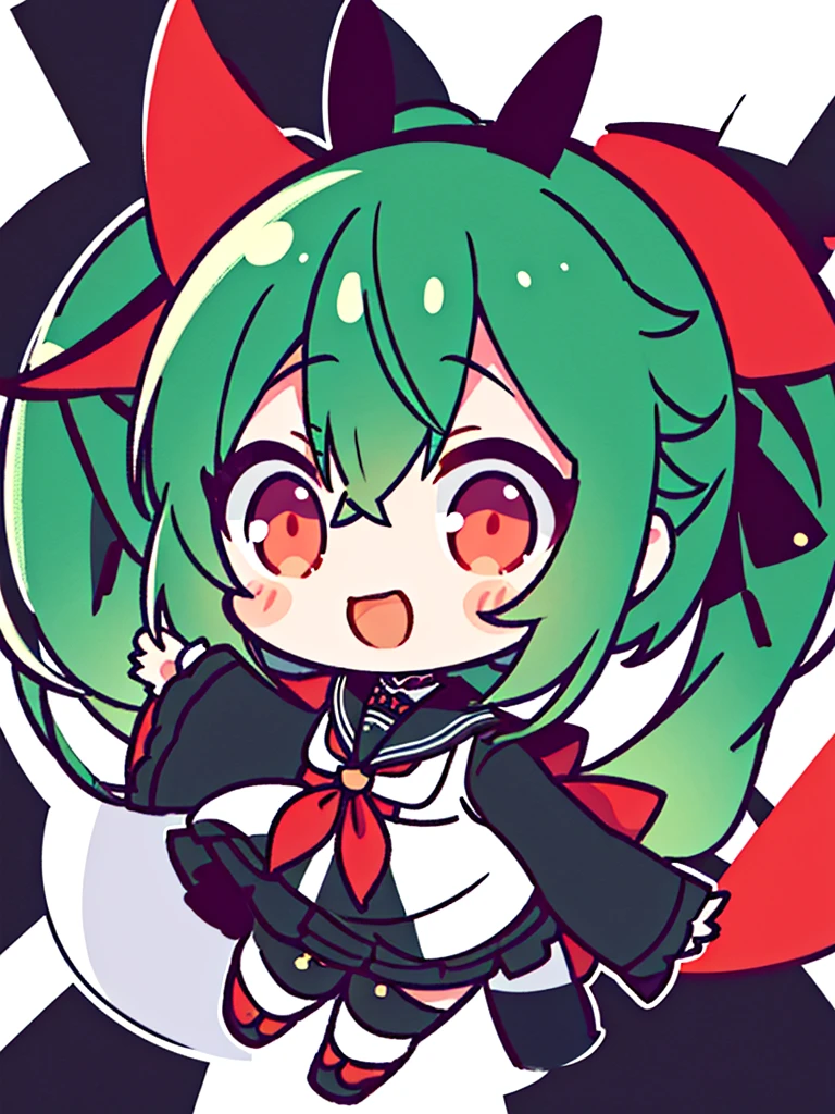 White background、Japan anime illustrations、Small illustration、SD Character、girl、Green Hair、Twin tails、Red Eyes、Black Sailor Suit、Black Uniform、smile、Super Deformed Characters、デフォルメされたgirl
