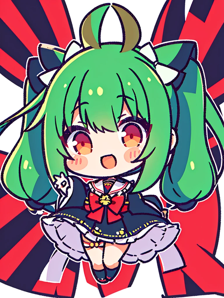 White background、Japan anime illustrations、Small illustration、SD Character、girl、Green Hair、Twin tails、Red Eyes、Black Sailor Suit、Black Uniform、smile、Super Deformed Characters、デフォルメされたgirl