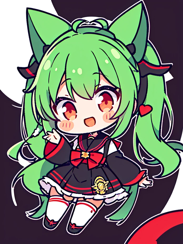 White background、Japan anime illustrations、Small illustration、SD Character、girl、Green Hair、Twin tails、Red Eyes、Black Sailor Suit、Black Uniform、smile、Super Deformed Characters、デフォルメされたgirl