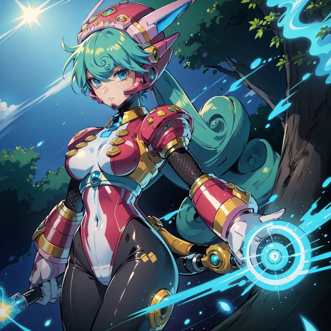marino_megamanx, 1girl, green hair, blue eyes, ponytail, detailed face, breasts, high quality, masterpiece, standing with green flames coming from a tree