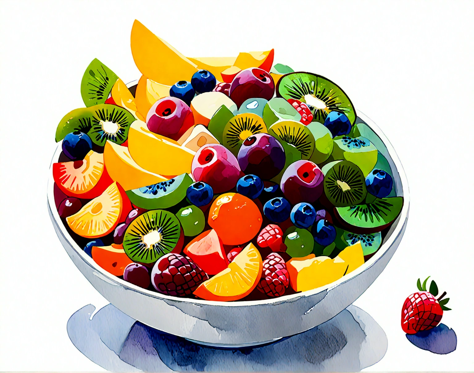 8k, super detail, award winning, highres, amazing quality, accurate, (((solid white background))), ((minimalist)), ((negative space)), a bowl full of fresh fruit salad, the bowl are made form wood, capture the fresh and delicious taste from the food, no object clip, no shadow clip, no blur, no human, no person, no text, no symbol, pseudo, beautiful color. ((watercolor))