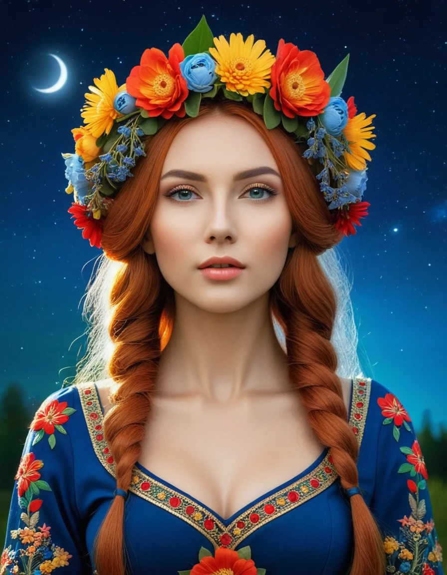 woman with a flower crown on her head and against the background of the night sky, in Russian folk style, portrait of a beautiful goddess, beautiful fantasy art portrait, beautiful goddess, beautiful fantasy girl, Beautiful girl, The mythology of the goddess of the earth, Red hair, beautiful fantasy portrait, flower goddess, she has a wreath of flowers, beautiful fantasy art, beautiful gorgeous digital art, in Russian folk dress