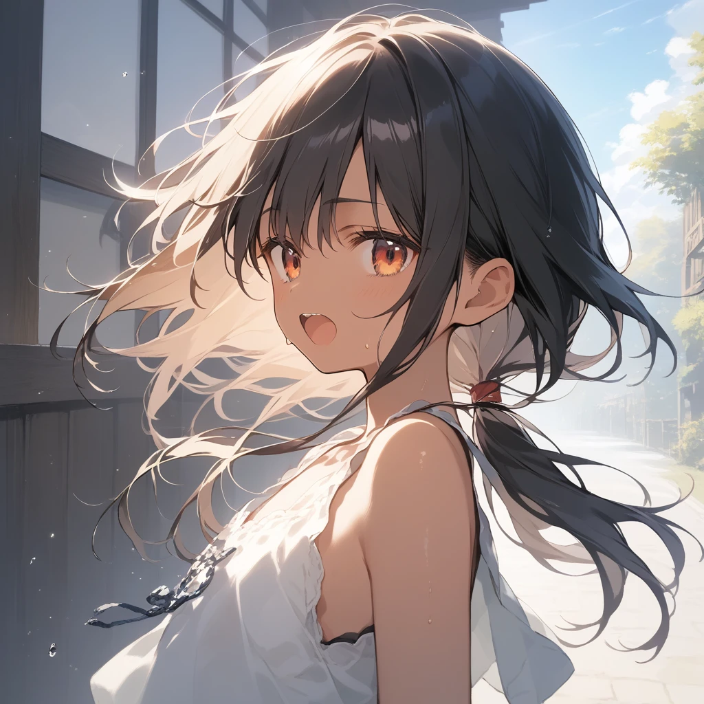 score_9, score_8_up, score_7_up, source_anime, best quality, masterpiece, official art, absurdres, highres, ultra-detailed,waifu2x,Collection: Slice of Life,break,1girl, tomboy, dark-skinned female, short hair, low ponytail, flat chest, beautiful detailed eyes, short shorts, sweat, open mouth, (yawn:0.3), sleepily, outdoors, wind, break,(clear line illustration:1.2),very high resolution, very aesthetic, super detailed skin, Best sexual lighting powered by famous artist, 8k,cute picture,beauty illustration,photoshop_(medium),,(Detailed Lighting),best anime 8k konachan wallpaper, pixiv contest winner,