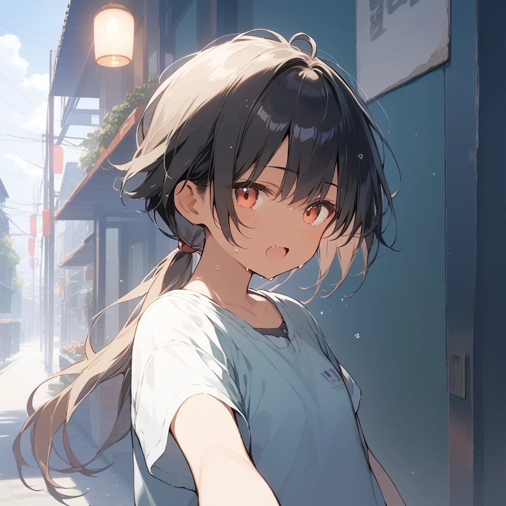 score_9, score_8_up, score_7_up, source_anime, best quality, masterpiece, official art, absurdres, highres, ultra-detailed,waifu2x,Collection: Slice of Life,break,1girl, tomboy, dark-skinned female, short hair, low ponytail, flat chest, beautiful detailed eyes, short shorts, sweat, open mouth, (yawn:0.3), sleepily, outdoors, wind, break,(clear line illustration:1.2),very high resolution, very aesthetic, super detailed skin, Best sexual lighting powered by famous artist, 8k,cute picture,beauty illustration,photoshop_(medium),,(Detailed Lighting),best anime 8k konachan wallpaper, pixiv contest winner,