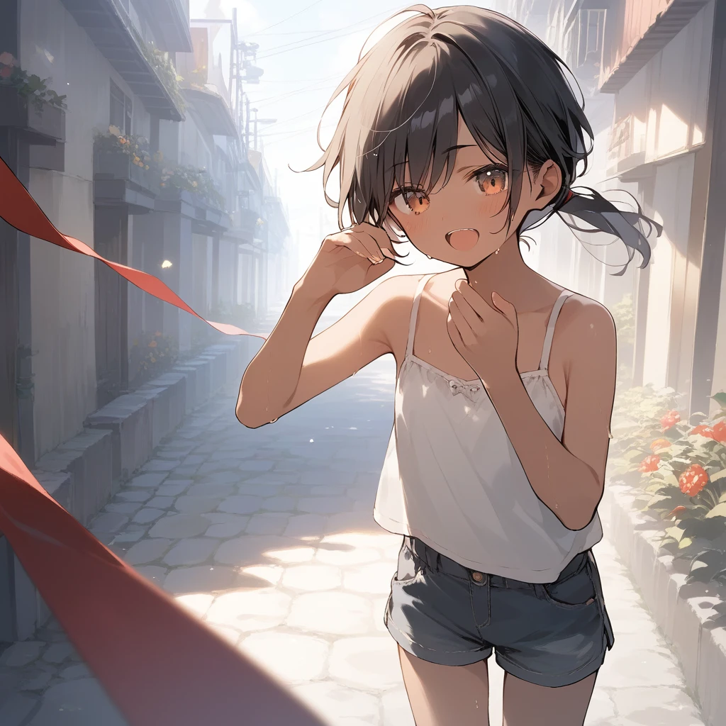 score_9, score_8_up, score_7_up, source_anime, best quality, masterpiece, official art, absurdres, highres, ultra-detailed,waifu2x,Collection: Slice of Life,break,1girl, tomboy, dark-skinned female, short hair, low ponytail, flat chest, beautiful detailed eyes, short shorts, sweat, open mouth, (yawn:0.3), sleepily, outdoors, wind, break,(clear line illustration:1.2),very high resolution, very aesthetic, super detailed skin, Best sexual lighting powered by famous artist, 8k,cute picture,beauty illustration,photoshop_(medium),,(Detailed Lighting),best anime 8k konachan wallpaper, pixiv contest winner, 