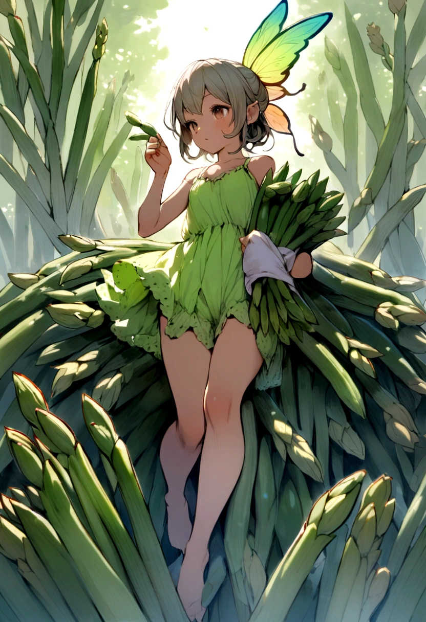 a fairy flying over a pile of  Asparagus, holding one  Asparagus on her hand