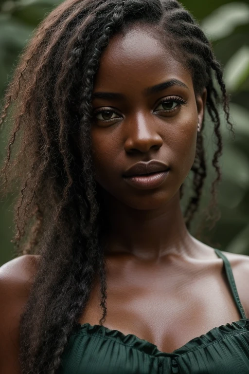 (8K, raw photo, Extremely high quality), Beautiful ebony girl, damp hair, olhos marejados, glad, close up, Long Green Dress, (detailedeyes:0.8), (looking at the camera:1.4), (Extremely high quality), (best shade), details Intricate, hinterland, dark studio, Muted colours, (Contraste To8Style), fond vert studio