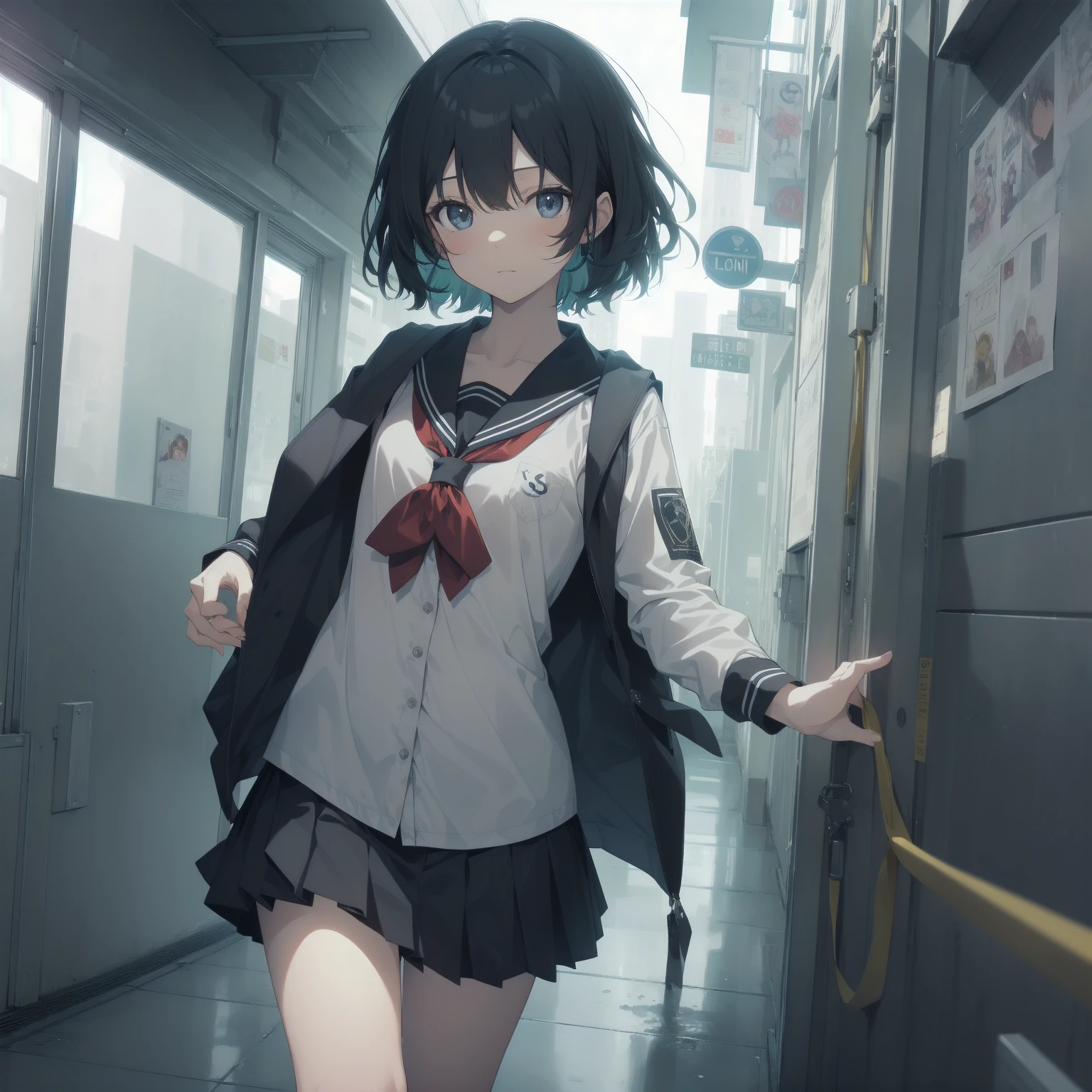 ultra-absurdres-Top quality by artist God, ultra-detailed, high resolution, anime moe artstyle, best anime 8k konachan wallpaper, pixiv contest winner, pool:2810, perfect anatomy,break, 1girl, (Please draw a girl walking sleepily to school alone. )break,(Solo,little female, 13-year-old:1.3),Full limbs, complete fingers,a junior high school student, (very short hair), short cut, flat chest, , small butt, small black eyes, beautiful detailed eyes, well-proportioned iris and pupils, expressive eyes, highres detailed hair, soft expression, salor school_uniform, sailor collar, serahuku, bow, pleated skirt,(Detailed Lighting), (Detailed background), in the School commute route. break,super detailed skin, Best cinematic lighting powered by famous artist, 8k,beauty illustration,photoshop_(medium),very aesthetic,break,((artist:null_(nyanpyoun) )), artist:clamp ,artist:carnelian ,artist:kantoku ,