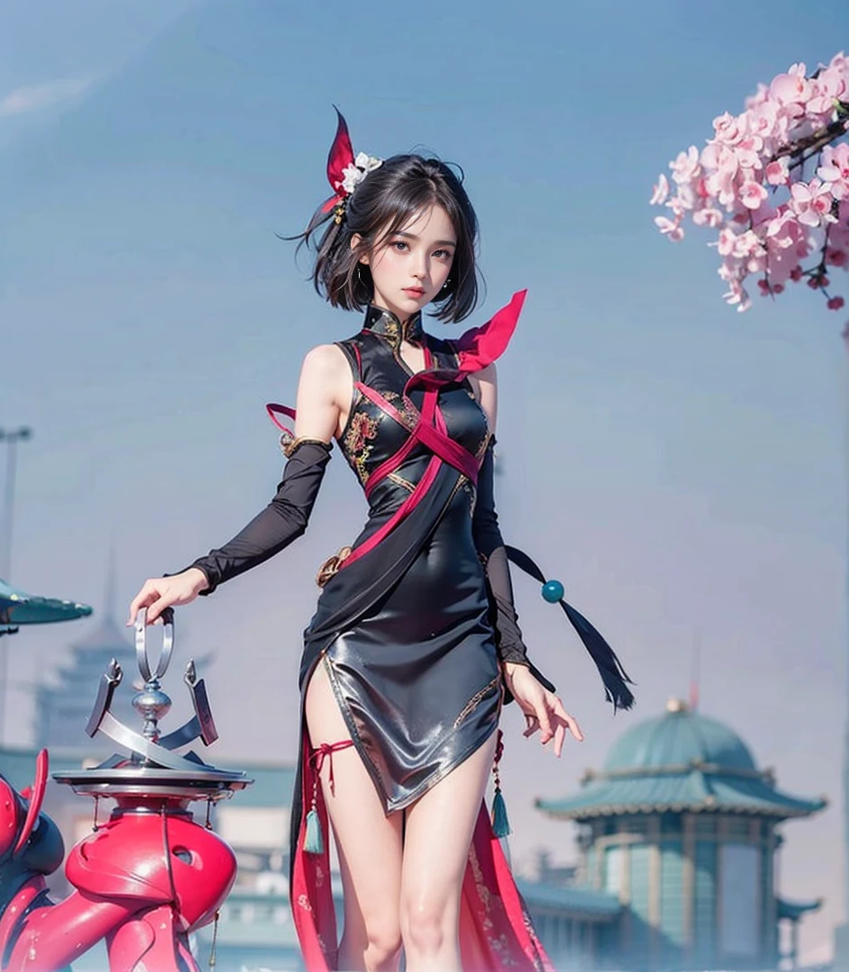(The FW), 1womanl, Solo, 24 year old, 7headed body, (cute face), (Ideal ratio body proportions), long , Magic Effects, Fantasia, Toned belly, hit, ((Kungfu)), ((Mini China Costume)), ((Sleeveless)), ((shortpants)), Sexy body, heavy wind, The costume is sheer, Wet, short-hair, Dark hair, , A slender, Small buttocks, beauty legs, Skinny Legs, surrealism, Cinematic lighting, depth of fields, One-person viewpoint, F/1.8, 135 mm, nffsw, masutepiece, ccurate, ((Anatomically correct)), Textured skin, Super Detail, high details, High quality, awardwinning, Best Quality, hight resolution, 8K