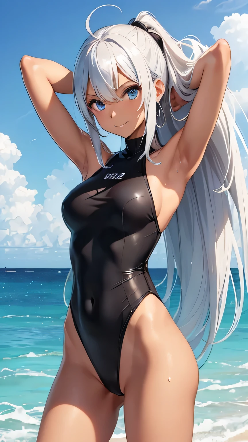 highest quality、Realistic、、female、Silver Hair、Light blue eyes、Long Hair、One piece swimsuit、Tanned black body、A well-trained body、muscle、athlete、Tan Skin、Brown black skin、slender、Sweat、smile、Ocean、Cowbo Shot