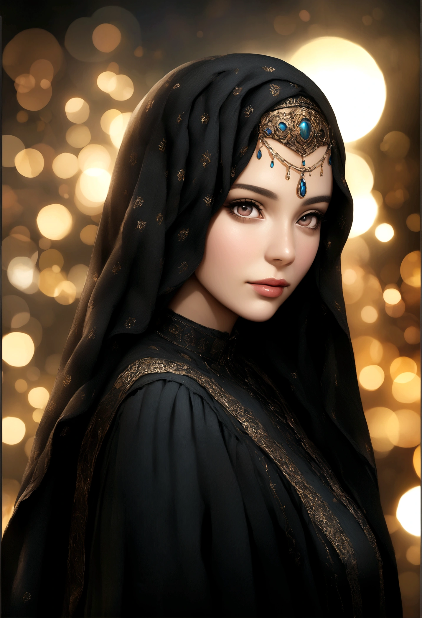 The realist, detailed face of&#39;a beautiful 16 year old Arab Muslim girl wearing a black burqa, un Hijab rose, and a black veil, a young girl from the Middle East, Hijab, Arabian beauty hyper realistic, look directly at the camera. shot with Sony Alpha A6500 1.4f, bokeh, very detailed, head of&#39;artwork, 8k rendering, hyper realistic, very detailed.