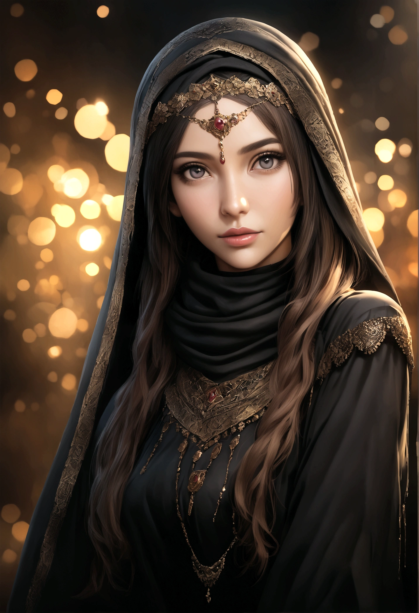 The realist, detailed face of'a beautiful 16 year old Arab Muslim girl wearing a black burqa, un Hijab rose, and a black veil, a young girl from the Middle East, Hijab, Arabian beauty hyper realistic, look directly at the camera. shot with Sony Alpha A6500 1.4f, bokeh, very detailed, head of'artwork, 8k rendering, hyper realistic, very detailed.