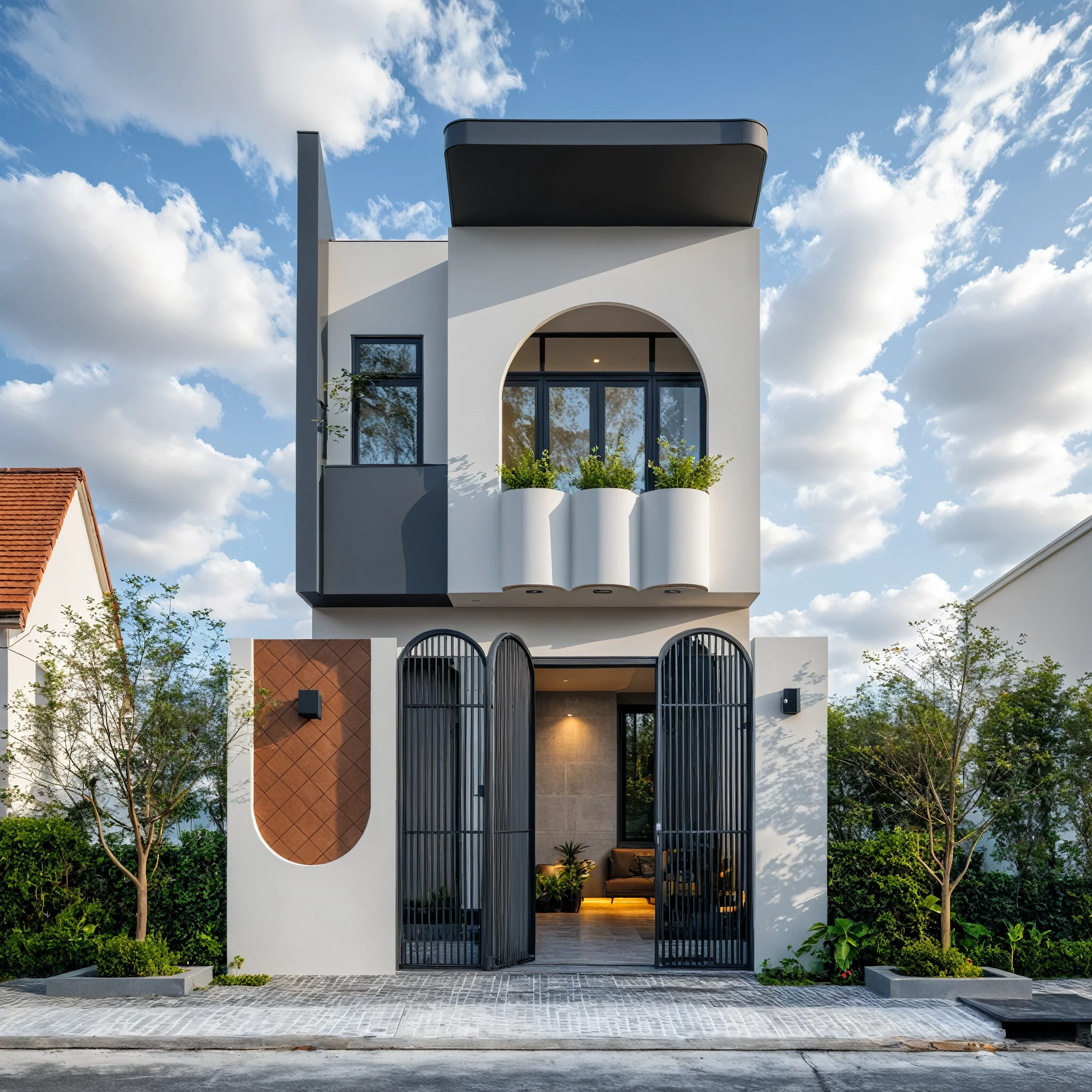 Raw photo, masterpiece, high quality, best quality, realistic, super detailed, outdoor, 2-storey house, modern townhouse style, (white wall), curved wall facade, aluminum interior door glass, curved planter, gray tiled accent wall, gray iron box exterior gate, road, sidewalk, grass, trees, sky, clouds, (daylight):1.1)