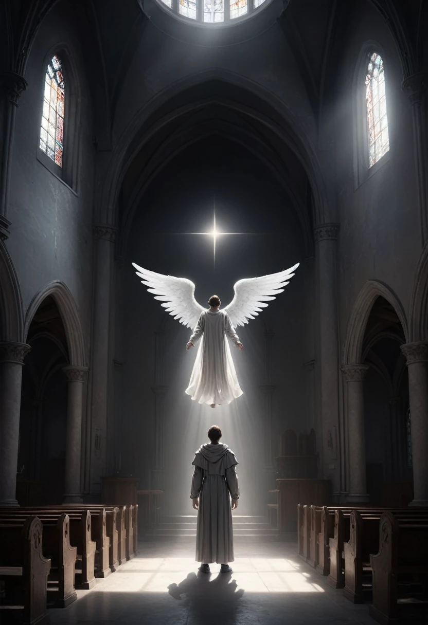 A person stands in an empty church, an angel flying with wings. The angel has a halo above his head, a mysterious background, minimalist expression, a dark and complex scene full of light, creative character design, dark white and dark gray, using a conceptual art style, dark and intricate, dusty, igor zenin, a minimalist character, emphasizing character design, and a scene with plenty of light
