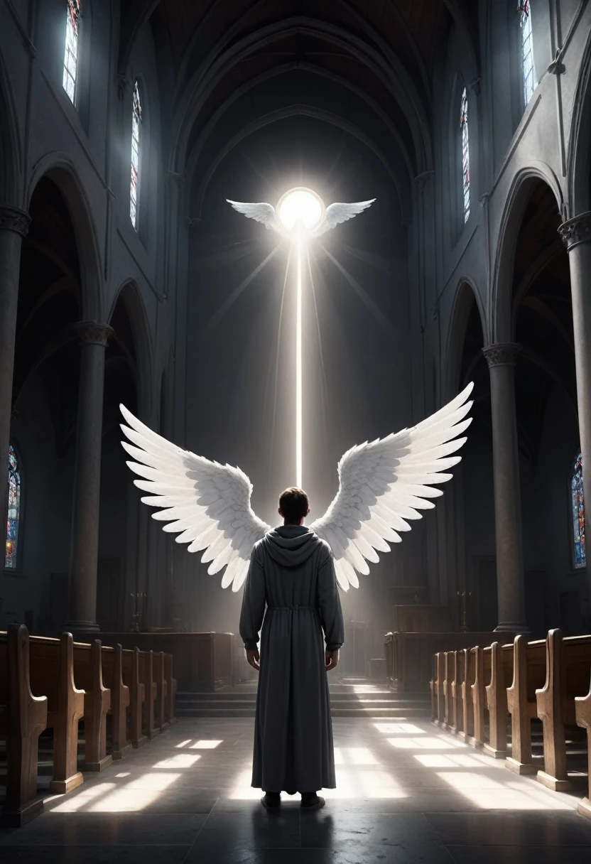 A person stands in an empty church, an angel flying with wings. The angel has a halo above his head, a mysterious background, minimalist expression, a dark and complex scene full of light, creative character design, dark white and dark gray, using a conceptual art style, dark and intricate, dusty, igor zenin, a minimalist character, emphasizing character design, and a scene with plenty of light