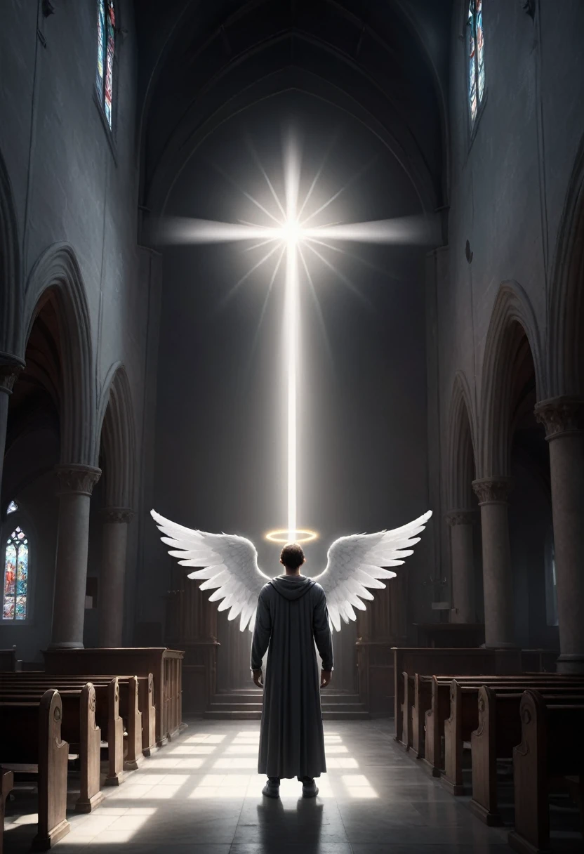 A person stands in an empty church, an angel flying with wings. The angel has a halo above his head, a mysterious background, minimalist expression, a dark and complex scene full of light, creative character design, dark white and dark gray, using a conceptual art style, dark and intricate, dusty, igor zenin, a minimalist character, emphasizing character design, and a scene with plenty of light