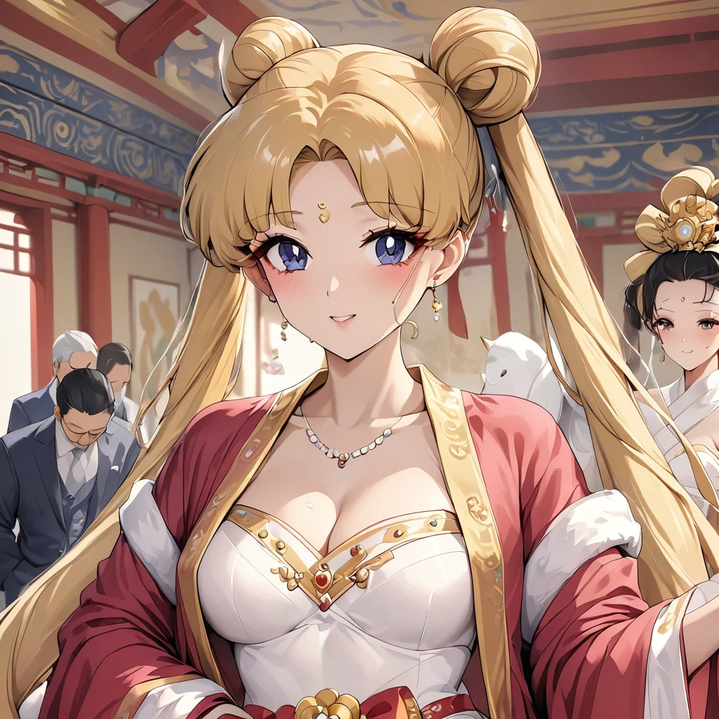 ((Highest quality)), ((masterpiece)), (detailed), (Perfect Face)、The woman is Tsukino Usagi, with long blonde hair in a chignon twin tail.、A woman is wearing a gorgeous and dazzling red ancient Hanfu wedding costume and luxurious jeweled accessories in an ancient Chinese palace and is getting married to a dignified man, the First Emperor, in a luxurious palace.、The man is the First Emperor of ancient China, wearing a wedding dress and getting married to the woman.