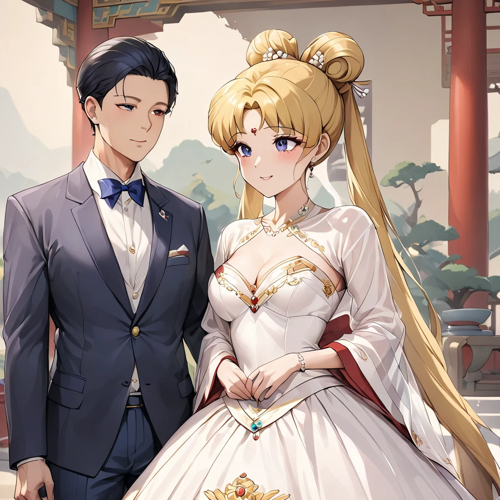 ((Highest quality)), ((masterpiece)), (detailed), （Perfect Face）、The woman is Tsukino Usagi, with long blonde hair in a chignon twin tail.、A woman is wearing a gorgeous and dazzling red ancient Hanfu wedding costume and luxurious jeweled accessories in an ancient Chinese palace and is getting married to a dignified man, the First Emperor, in a luxurious palace.、The man is the First Emperor of ancient China, wearing a wedding dress and getting married to the woman.