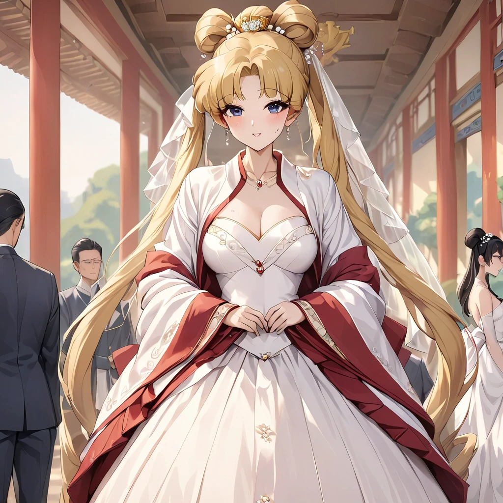 ((Highest quality)), ((masterpiece)), (detailed), (Perfect Face)、The woman is Tsukino Usagi, with long blonde hair in a chignon twin tail.、A woman is wearing a gorgeous and dazzling red ancient Hanfu wedding costume and luxurious jeweled accessories in an ancient Chinese palace and is getting married to a dignified man, the First Emperor, in a luxurious palace.、The man is the First Emperor of ancient China, wearing a wedding dress and getting married to the woman.