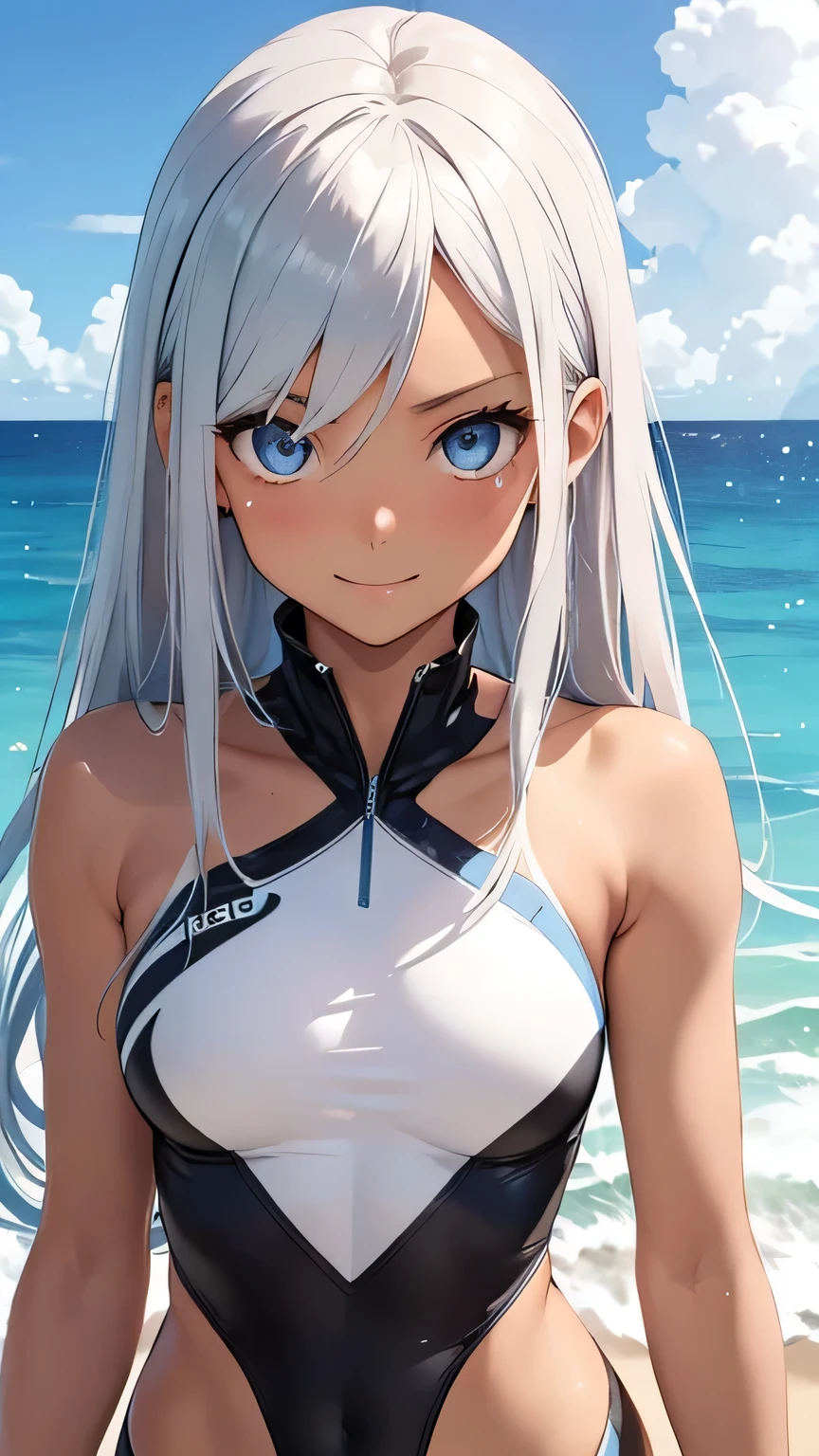 highest quality、Realistic、、female、Silver Hair、Light blue eyes、Long Hair、One piece swimsuit、Tanned black body、A well-trained body、muscle、athlete、Tan Skin、Brown black skin、slender、Sweat、smile、Ocean、Cowbo Shot