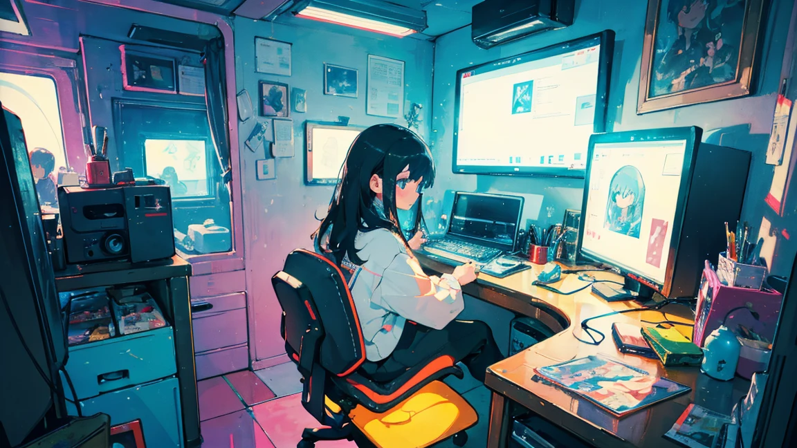 high resolution,High definition,high quality,Girl playing games,gaming computer,Erogeo Art Style, Arte Roffie, zero vibrations, Hip Hop Lofi,aesthetic, Lo-fi art, Lo-fi illustration style, zero, Portrait of Roffey, vibe zero, zero, Chill Hop, Anime Aesthetics,japanese style,