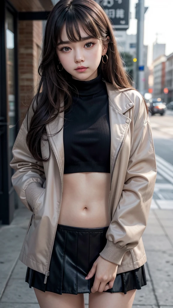 Characteristic,, , One girl, Ahoge, bangs, black skirt, black sweater, Blue Claws, Blurred, Blurred background, chest, Brown eyes, Brown Hair, brown Jacket, Mouth closed, Day付付き, Day, Depth of written boundary, Earrings, eyelash, Raise your hand, Tilt your head, Jacket, jewelry, Long Hair, Long sleeve, View your viewers, medium chest, Manicure, Open clothes, open Jacket, Outdoor, Pursed lips, Tucked in shirt, Side Lock, skirt, Sleeves are longer than the wrist, alone, sweater, Upper Body, zipper, , , ((masterpiece)), ,