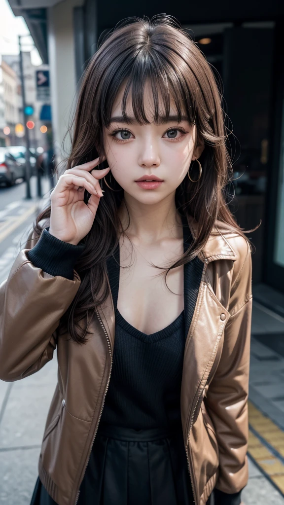 Characteristic,, , One girl, Ahoge, bangs, black skirt, black sweater, Blue Claws, Blurred, Blurred background, chest, Brown eyes, Brown Hair, brown Jacket, Mouth closed, Day付付き, Day, Depth of written boundary, Earrings, eyelash, Raise your hand, Tilt your head, Jacket, jewelry, Long Hair, Long sleeve, View your viewers, medium chest, Manicure, Open clothes, open Jacket, Outdoor, Pursed lips, Tucked in shirt, Side Lock, skirt, Sleeves are longer than the wrist, alone, sweater, Upper Body, zipper, , , ((masterpiece)), , 