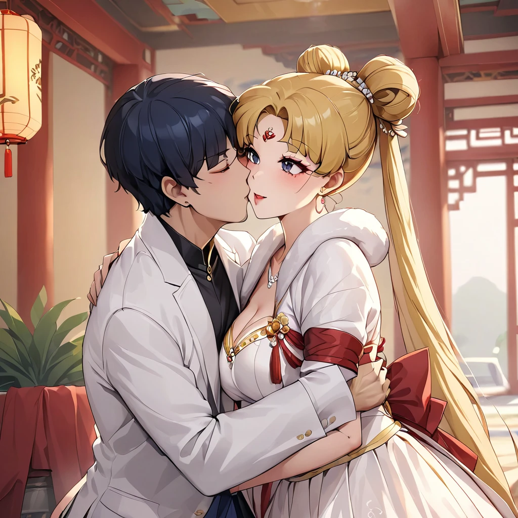 ((Highest quality)), ((masterpiece)), (detailed), (Perfect Face)、The woman is Tsukino Usagi, with long blonde hair in a chignon twin tail, and is the empress of the First Emperor of ancient China.、A woman is wearing a gorgeous and dazzling red ancient Hanfu wedding costume and luxurious jeweled accessories in an ancient Chinese palace, and is embracing and kissing a dignified man, the First Emperor, in a luxurious ancient Chinese palace.、The man is the First Emperor of ancient China, wearing a wedding dress and embracing the woman in a kiss of vows to get married.