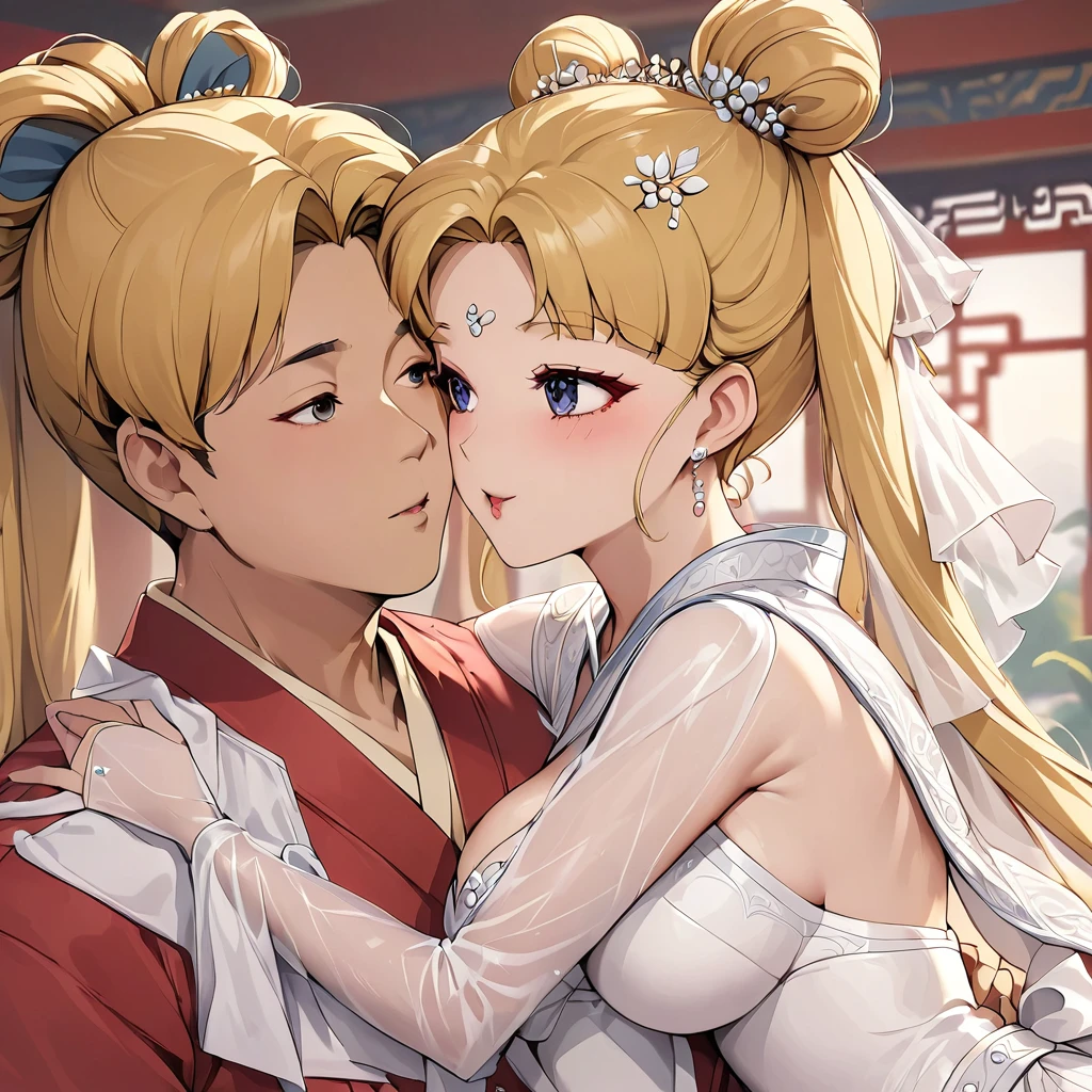 ((Highest quality)), ((masterpiece)), (detailed), （Perfect Face）、The woman is Tsukino Usagi, with long blonde hair in a chignon twin tail, and is the empress of the First Emperor of ancient China.、A woman is wearing a gorgeous and dazzling red ancient Hanfu wedding costume and luxurious jeweled accessories in an ancient Chinese palace, and is embracing and kissing a dignified man, the First Emperor, in a luxurious ancient Chinese palace.、The man is the First Emperor of ancient China, wearing a wedding dress and embracing the woman in a kiss of vows to get married.