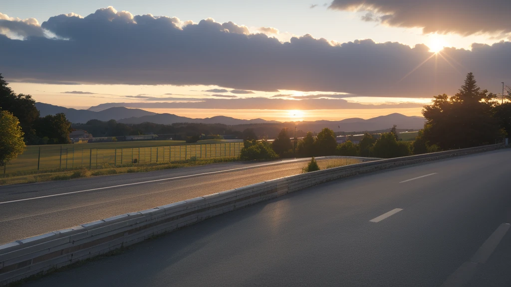 Le bord droit d'une autoroute s'étendant à perte de vue, le tout dominer par un panorama montagneux gigantesque.
Le soleil s'écraser sur l'horizon, une boule de lumière devenu gigantesque projetant les ombres si loin qu'on pouvait prédire les prochains obstacles avec 500m d'avance. La vision du plan est énorme s'étendant sur tout le périple annoncer ont peut voires deux grandes montagnes dans l'horizon en forme de crochet coller l'une à l'autre. Le tout baigne dans des nuances de couleurs oranges et Jaunes ne laissant qu'une silhouette masculine au centre du cadre ombrie de dos par les lourds rayons du soleil.