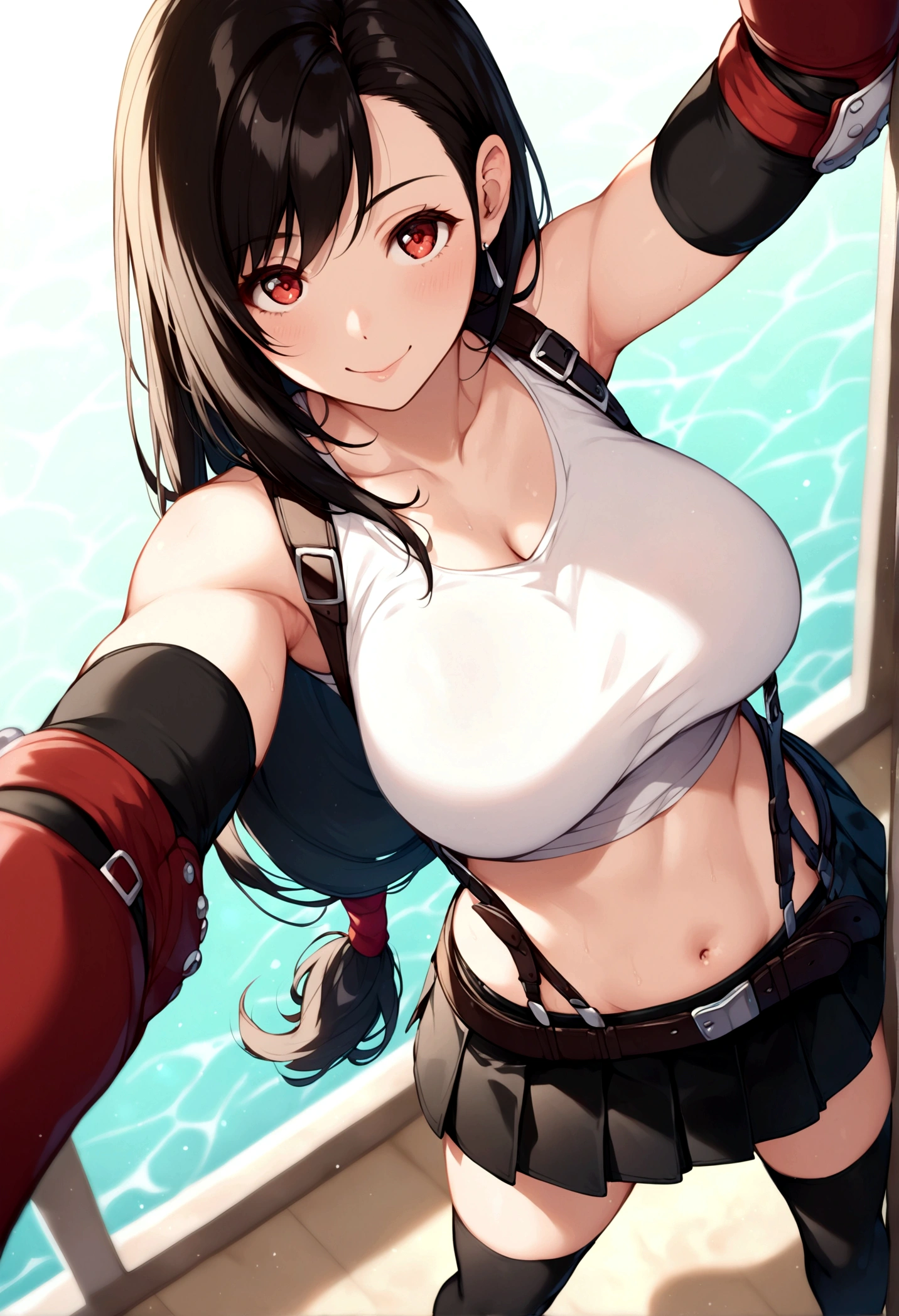 score_9, score_8_up, score_7_up,score_6, score_5,8k,rating_safe. BREAK , (from above.from above,front view,feet focus,standing,straight-on,(selfie),(shirtlift:1.2),(upperbody),looking_at_viewer ,1girl, tifa lockhart, final fantasy, tareme,black hair, low-tied long hair, red eyes, bangs, (white tank top, belt, pleated skirt, thighhighs, elbow fingerless gloves, elbow pads, midriff, navel,suspender skirt) ,large_breasts,(light smile),,,Solo,,(daytime and beachside and city),detailed skin,(best quality),(aesthetic,very aesthetic),,photorealistic,highly detailed,,depth of field,,professional lighting,cinematic lighting, dancing breast,