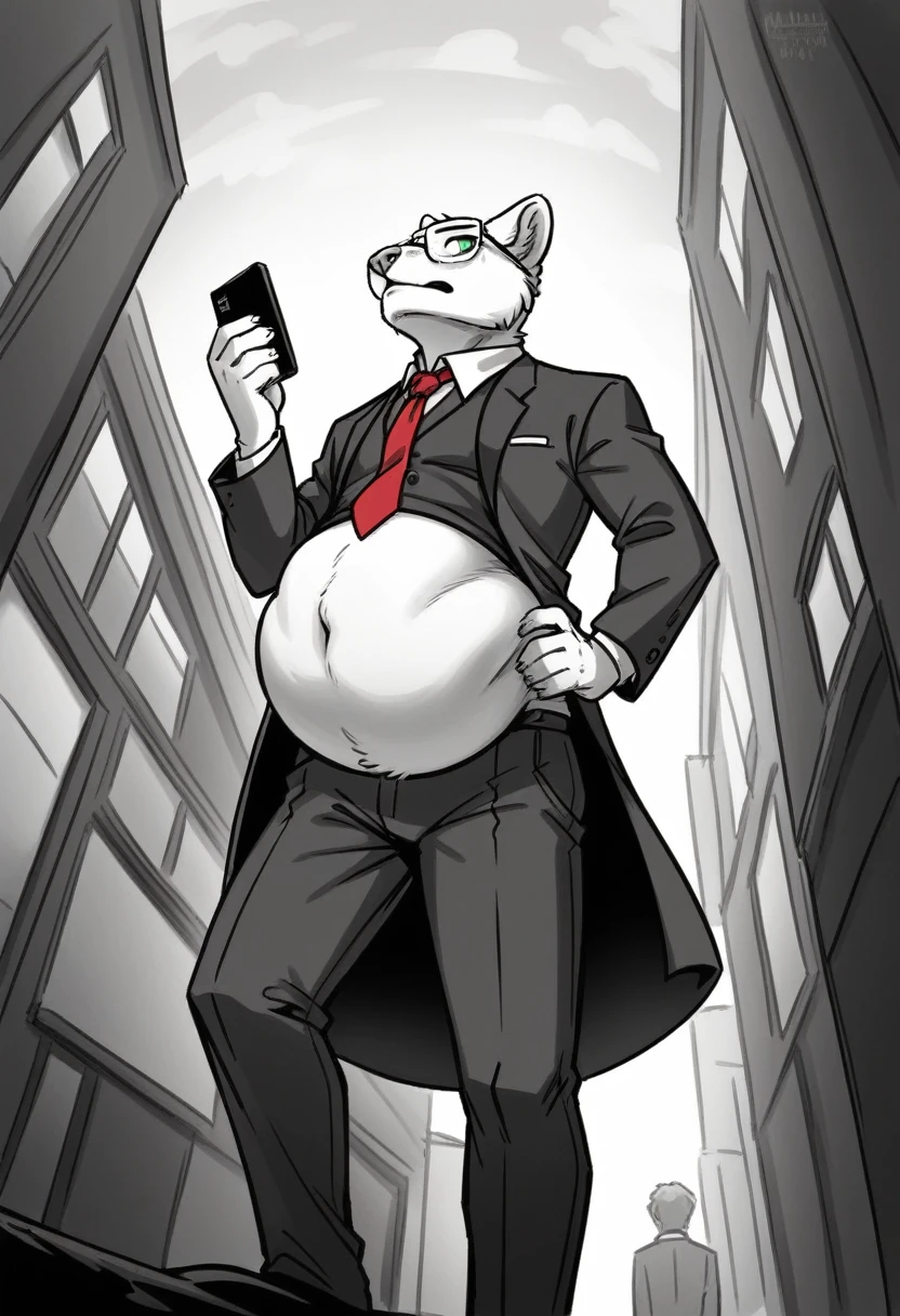 mordecai heller, solo, green sclera, walking in an alleyway, night time, detailed paw hands, ((detailed face, (detailed eyes), by zackarry911, by zaush, (by personalami:0.5), solo, looking away from the viewer, 1boy, male focus, red necktie, glasses, coat, hand on hip, hand holding phone on a call, formal, from below, glasses, suit, grey suit vest, necktie, ((flatcolor)), vore, large vore stomach, person inside of the vore stomach is struggling, black and white fur, white fluffy belly, gurgling belly effect, perfect proportions 