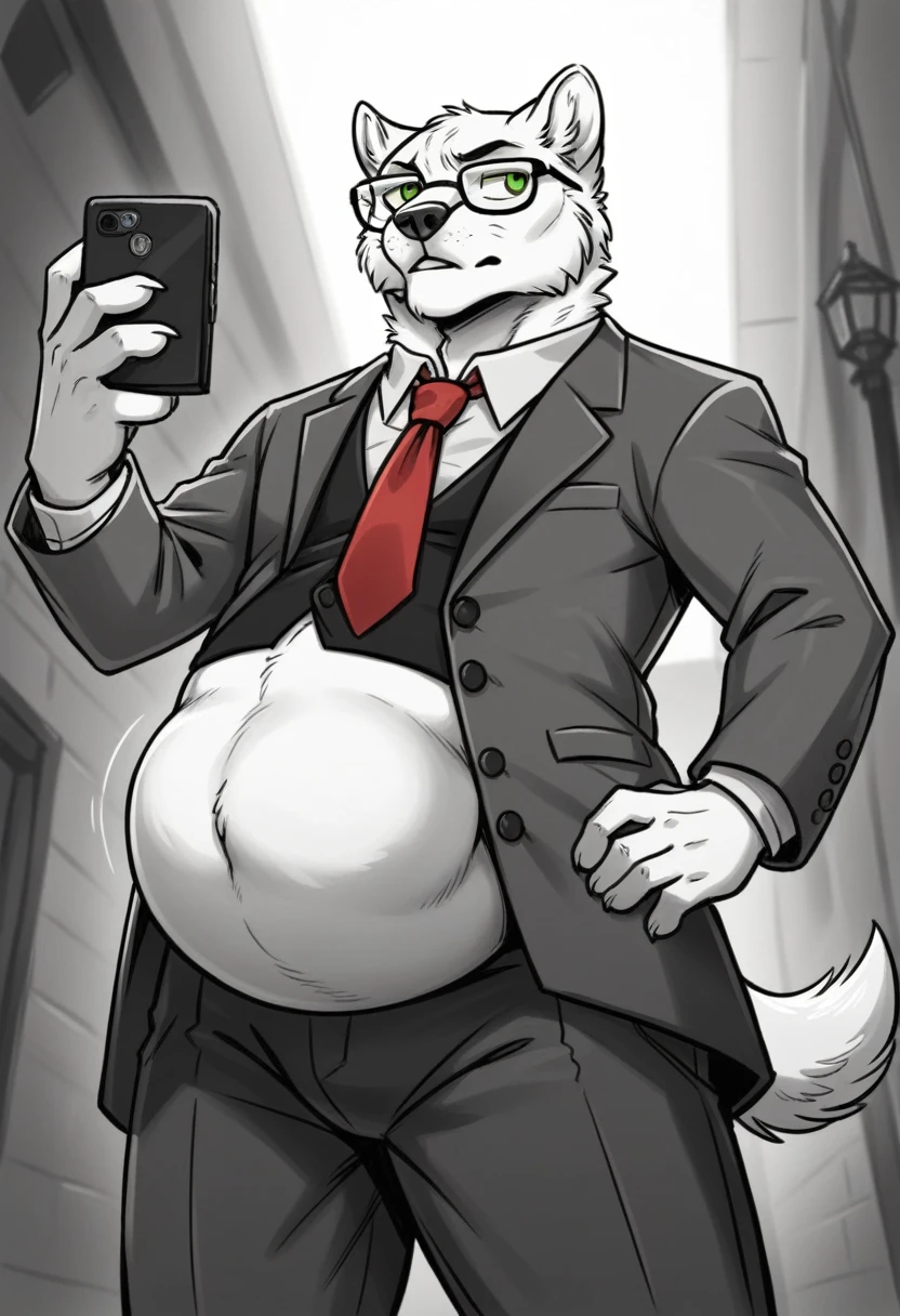 mordecai heller, solo, green sclera, walking in an alleyway, night time, detailed paw hands, ((detailed face, (detailed eyes), by zackarry911, by zaush, (by personalami:0.5), solo, looking away from the viewer, 1boy, male focus, red necktie, glasses, coat, hand on hip, hand holding phone on a call, formal, from below, glasses, suit, grey suit vest, necktie, ((flatcolor)), vore, large vore stomach, person inside of the vore stomach is struggling, black and white fur, white fluffy belly, gurgling belly effect, perfect proportions