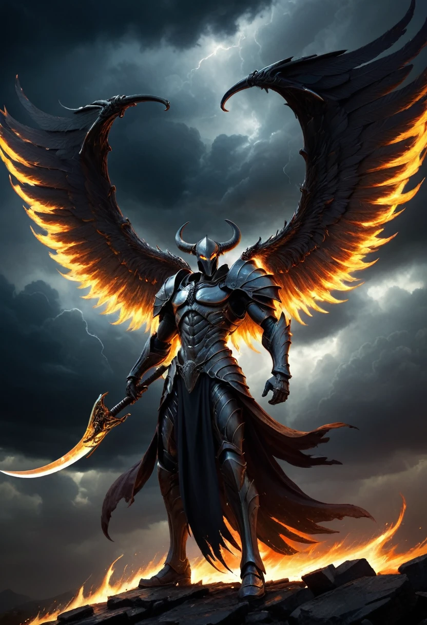 A formidable figure with wings ablaze, brandishing a scythe, standing amidst a stormy sky. The scythe glows with a dark energy, its blade sharp and curved, capturing the ferocity of the scene. Created Using: dynamic brushstrokes, chiaroscuro lighting, high contrast, foreboding atmosphere, detailed armor design, action pose, digital oil painting technique, hd quality, natural look 