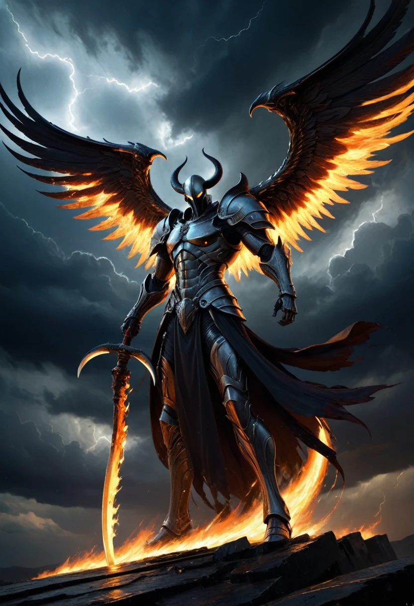 A formidable figure with wings ablaze, brandishing a scythe, standing amidst a stormy sky. The scythe glows with a dark energy, its blade sharp and curved, capturing the ferocity of the scene. Created Using: dynamic brushstrokes, chiaroscuro lighting, high contrast, foreboding atmosphere, detailed armor design, action pose, digital oil painting technique, hd quality, natural look