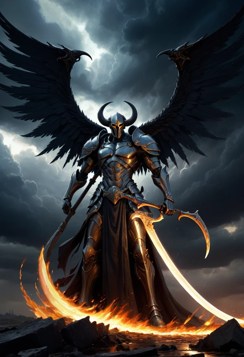 A formidable figure with wings ablaze, brandishing a scythe, standing amidst a stormy sky. The scythe glows with a dark energy, its blade sharp and curved, capturing the ferocity of the scene. Created Using: dynamic brushstrokes, chiaroscuro lighting, high contrast, foreboding atmosphere, detailed armor design, action pose, digital oil painting technique, hd quality, natural look