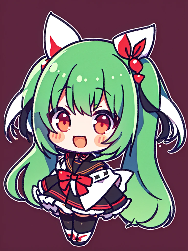White background、Japan anime illustrations、Small illustration、SD Character、girl、Green Hair、Twin tails、Black ribbon hair ornament、Red Eyes、Black Sailor Suit、Black Uniform、smile、Super Deformed Characters、デフォルメされたgirl
