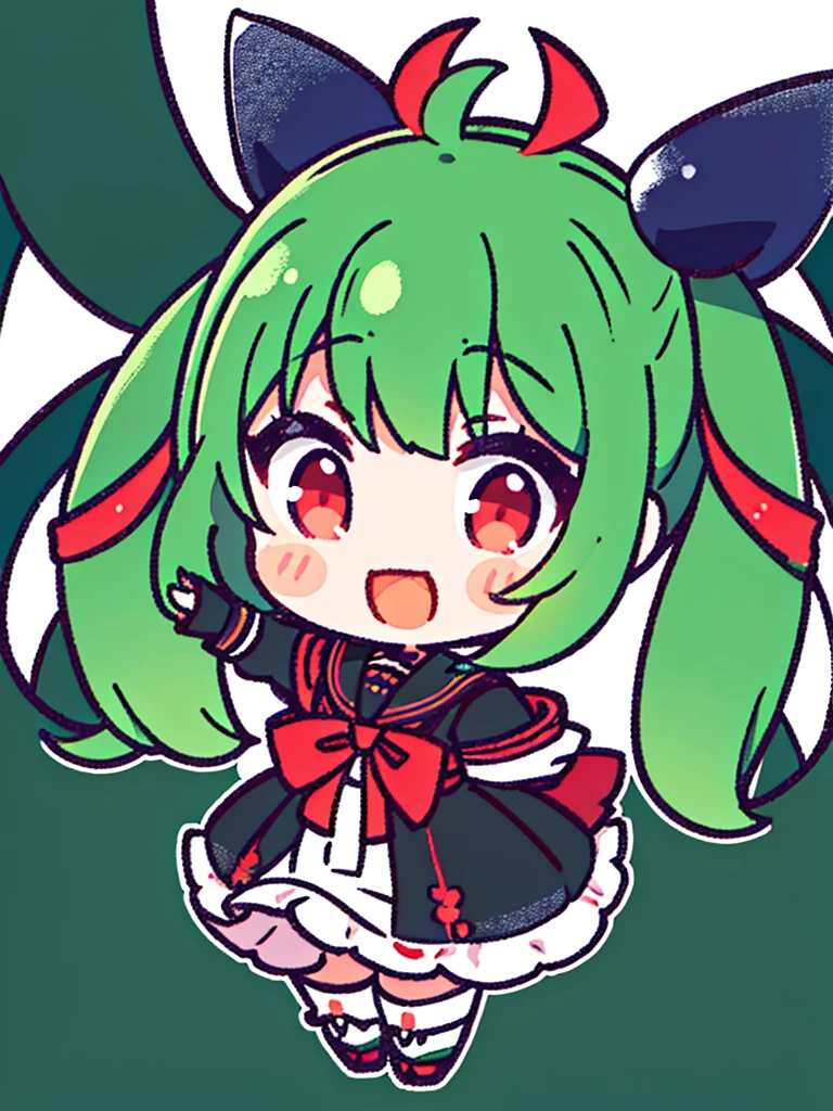 White background、Japan anime illustrations、Small illustration、SD Character、girl、Green Hair、Twin tails、Black ribbon hair ornament、Red Eyes、Black Sailor Suit、Black Uniform、smile、Super Deformed Characters、デフォルメされたgirl
