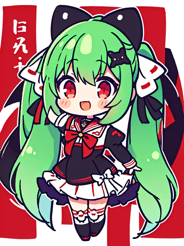 White background、Japan anime illustrations、Small illustration、SD Character、girl、Green Hair、Twin tails、Black ribbon hair ornament、Red Eyes、Black Sailor Suit、Black Uniform、smile、Super Deformed Characters、デフォルメされたgirl