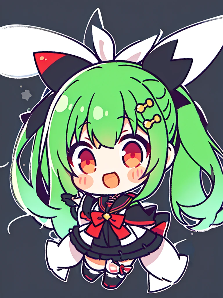 White background、Japan anime illustrations、Small illustration、SD Character、girl、Green Hair、Twin tails、Black ribbon hair ornament、Red Eyes、Black Sailor Suit、Black Uniform、smile、Super Deformed Characters、デフォルメされたgirl
