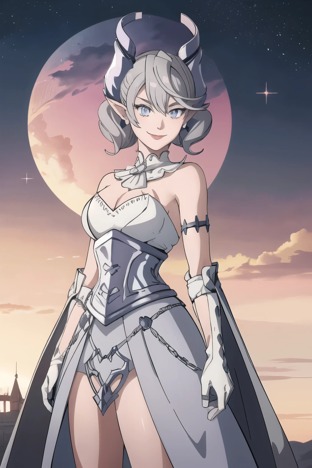 Beautiful arts wallpaper Sunset Outside castle top  High level image quality　best image quality　8K　 adult woman   silver castle outside  more colors   whole body view　portrait　    　horn    ears  　short hair（（shortcut）（gray hair）（perm）（fluffy））　eye color is blue ,  , 　attractive evil face , smile   ,  heroic stance   ,  labrynth ,  barearm  ,gloves   , wearing pink   , standing , 