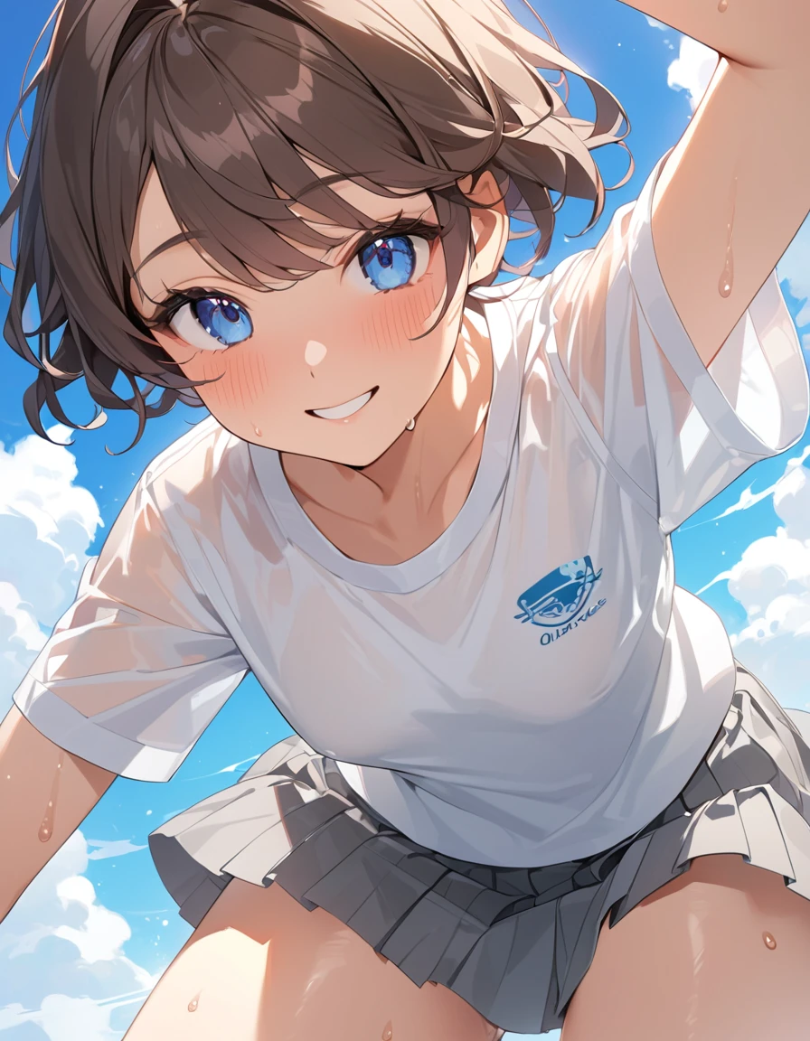 (Highest qualityのイラスト:1.2), (pretty girl:1.1), (1 girl、、Highest qualityのイラスト:1.2), (1 girl、smile、Small breasts、blue eyes)、Brown Hair、short hair、Wavy Hair、Curly Hair、Low Twintails、(Highest quality、Very detailed、Very detailed and beautiful、Ultra-high resolution) 、,{White business shirt、Short sleeve、Grey pleated skirt}、blue sky、summer、Sweat、See-through、Small breasts、Thin thighs