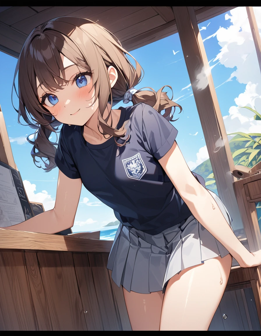 (Highest qualityのイラスト:1.2), (pretty girl:1.1), (1 girl、17 years old、Highest qualityのイラスト:1.2), (1 girl、smile、Small breasts、blue eyes)、Brown Hair、short hair、Wavy Hair、Curly Hair、Low Twintails、(Highest quality、Very detailed、Very detailed and beautiful、Ultra-high resolution) 、,{White business shirt、Short sleeve、Grey pleated skirt}、blue sky、summer、Sweat、See-through、Small breasts、Thin thighs