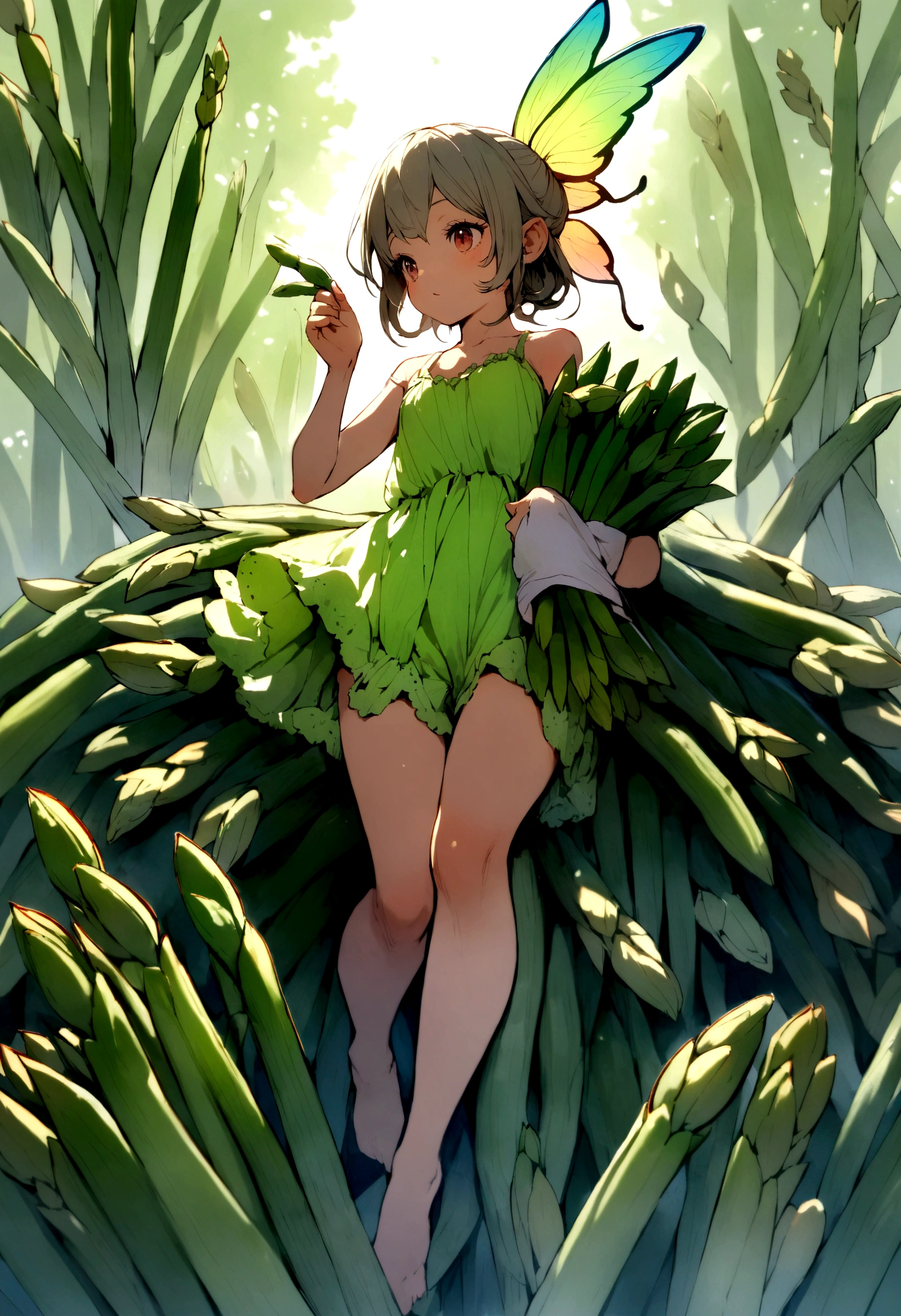 a fairy flying over a pile of Asparagus, holding one Asparagus on her hand