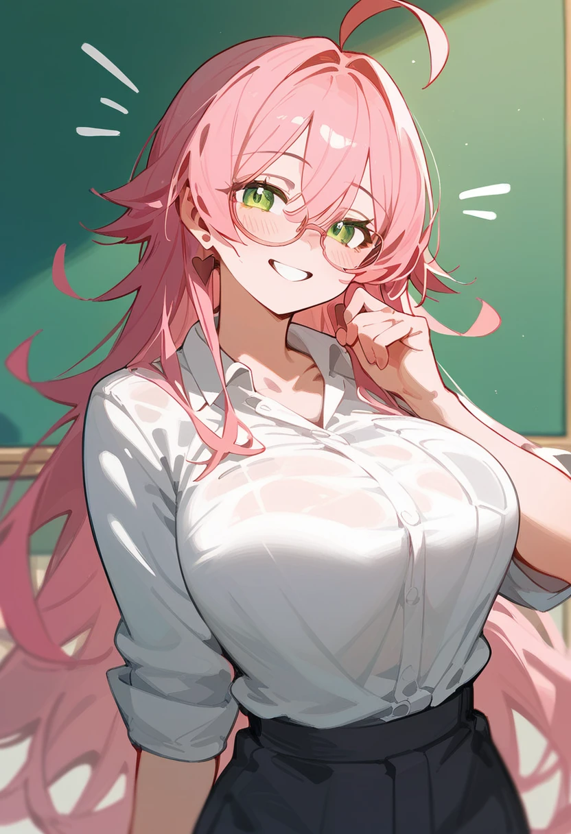 School Swimsuit、One Woman、private teacher、Big Breasts、Pink Hair、Long Hair、Straight Hair、Ahoge、Kind older sister、Pink small glasses、Green Eyes、smile、Droopy eyeature